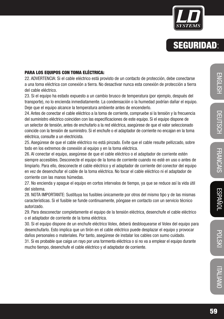 Seguridad | LD Systems LAX 3 USB User Manual | Page 59 / 112