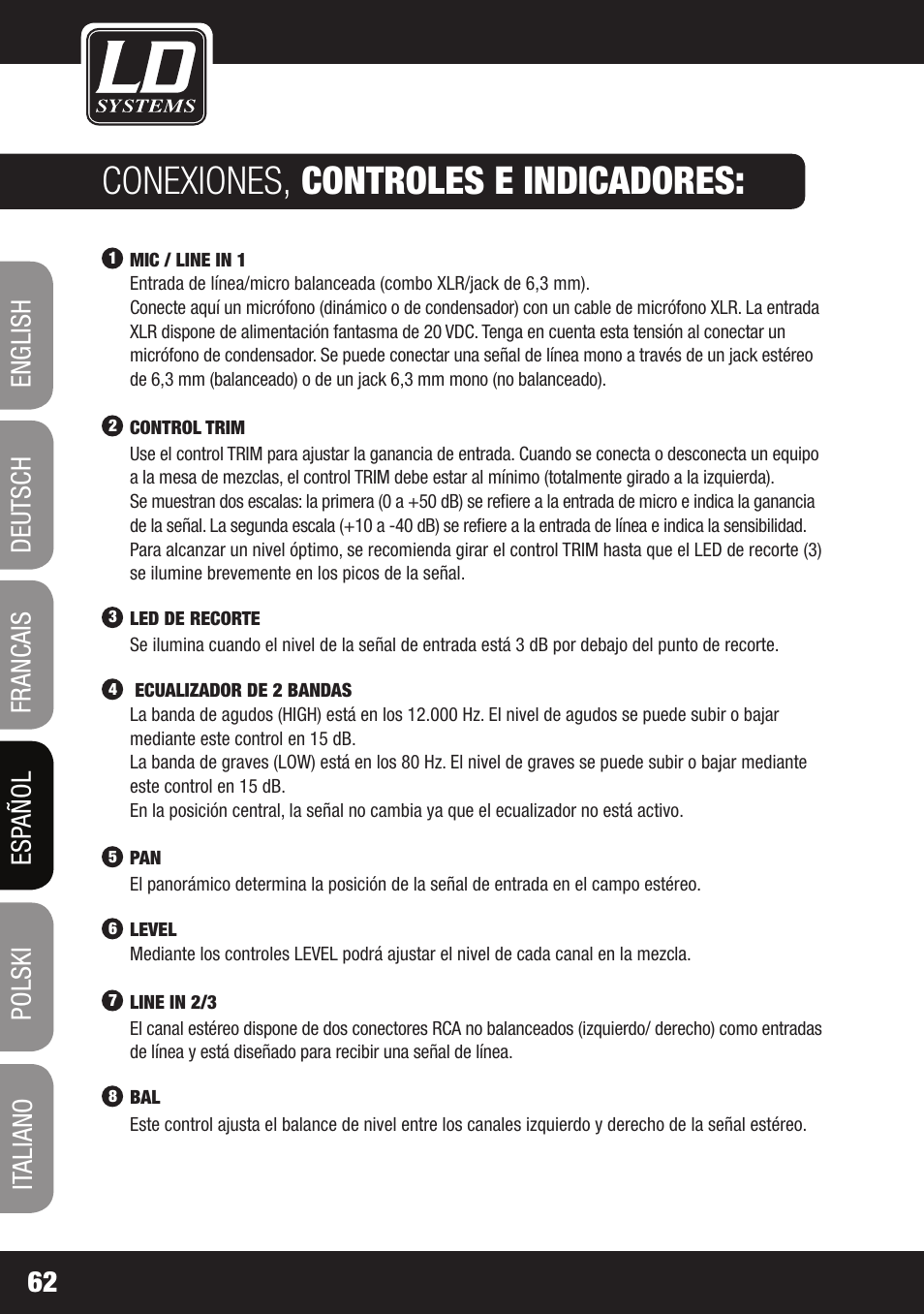 Conexiones, controles e indicadores | LD Systems LAX 3 USB User Manual | Page 62 / 112
