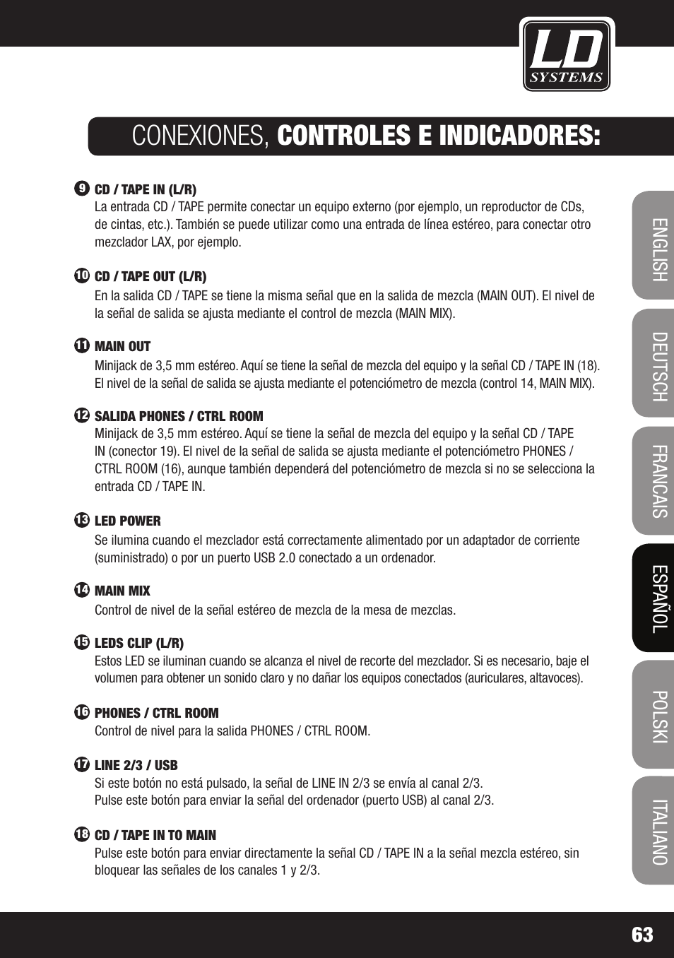 Conexiones, controles e indicadores | LD Systems LAX 3 USB User Manual | Page 63 / 112