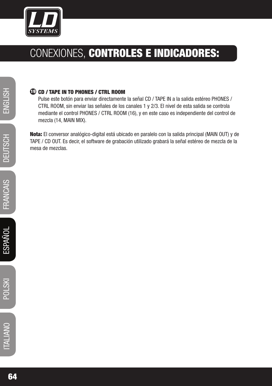 Conexiones, controles e indicadores | LD Systems LAX 3 USB User Manual | Page 64 / 112