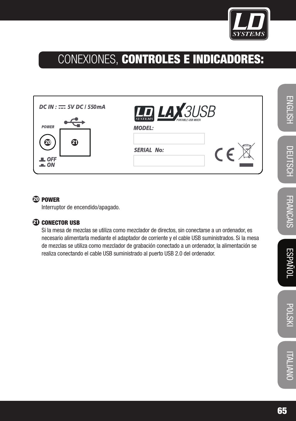 Conexiones, controles e indicadores | LD Systems LAX 3 USB User Manual | Page 65 / 112