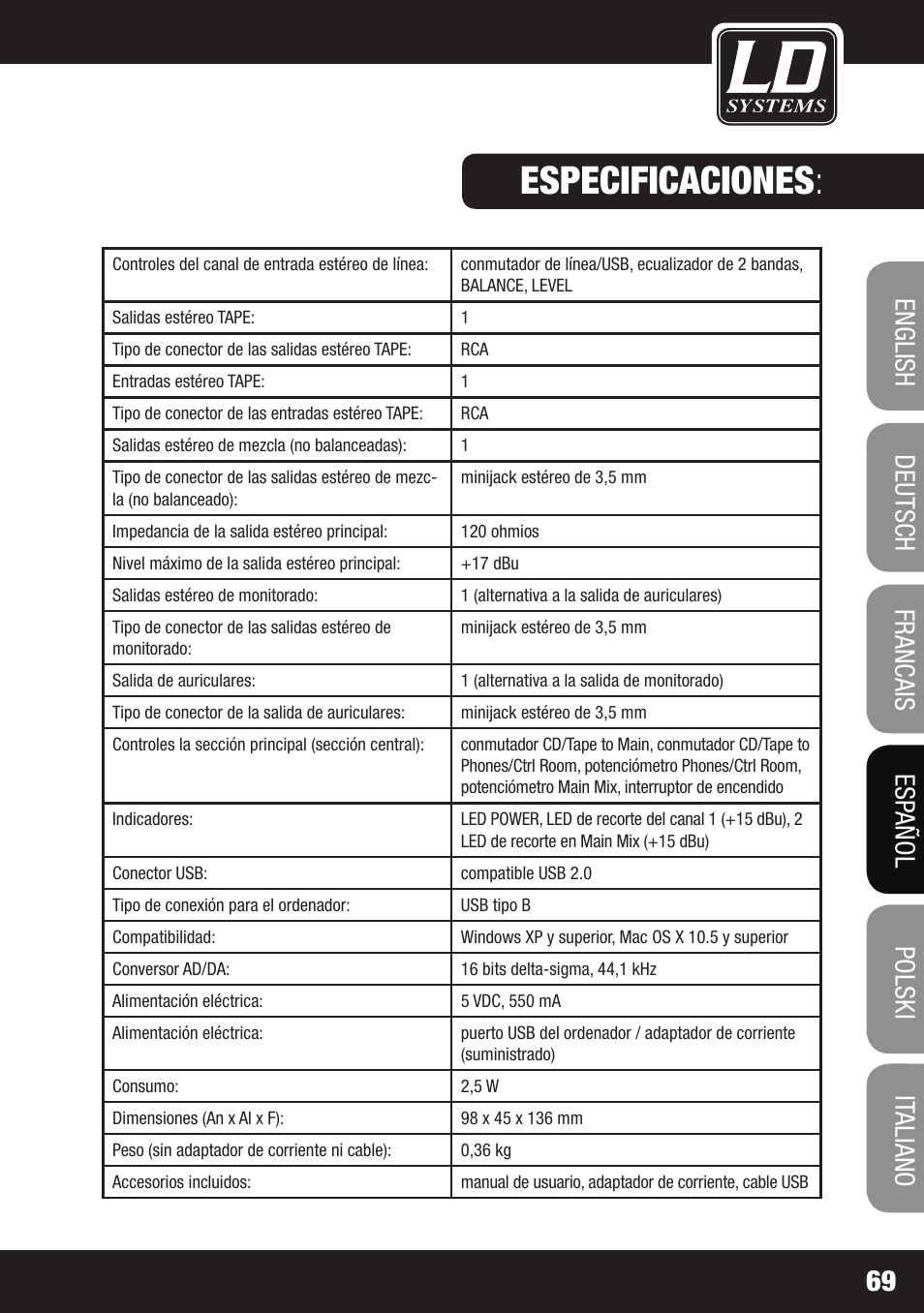 Especificaciones | LD Systems LAX 3 USB User Manual | Page 69 / 112