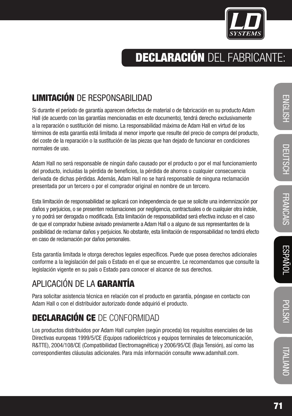 Declaración del fabricante | LD Systems LAX 3 USB User Manual | Page 71 / 112