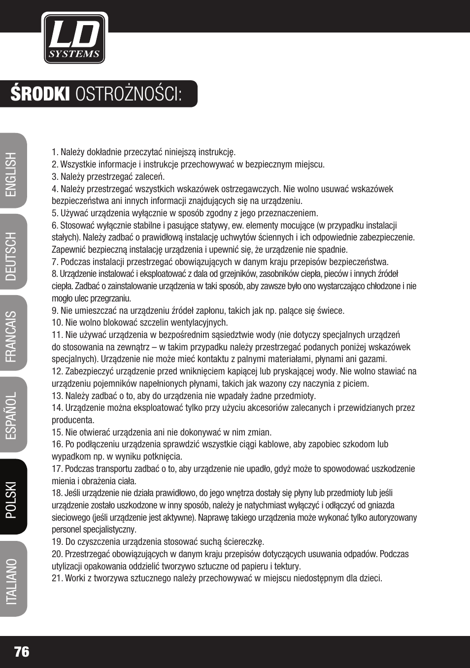 Środki ostrożności | LD Systems LAX 3 USB User Manual | Page 76 / 112