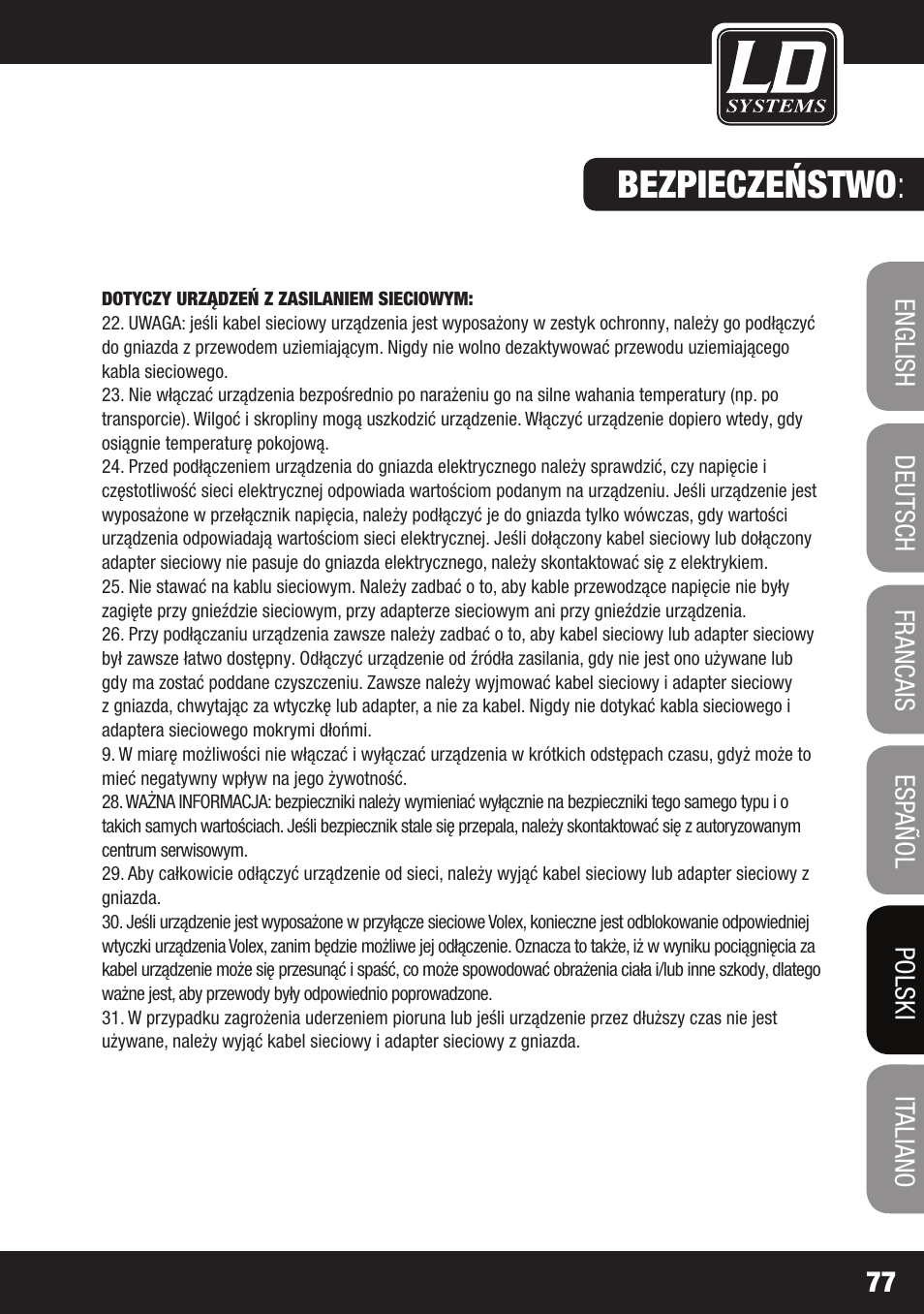 Bezpieczeństwo | LD Systems LAX 3 USB User Manual | Page 77 / 112