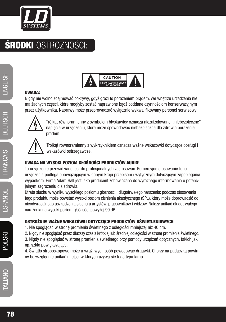 Środki ostrożności | LD Systems LAX 3 USB User Manual | Page 78 / 112