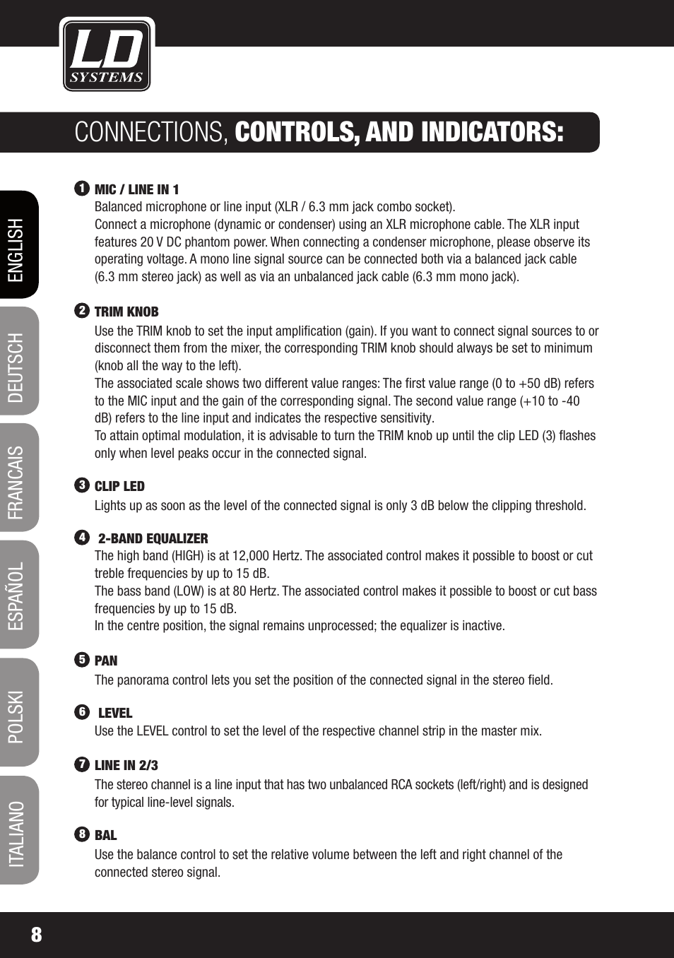 Connections, controls, and indicators | LD Systems LAX 3 USB User Manual | Page 8 / 112