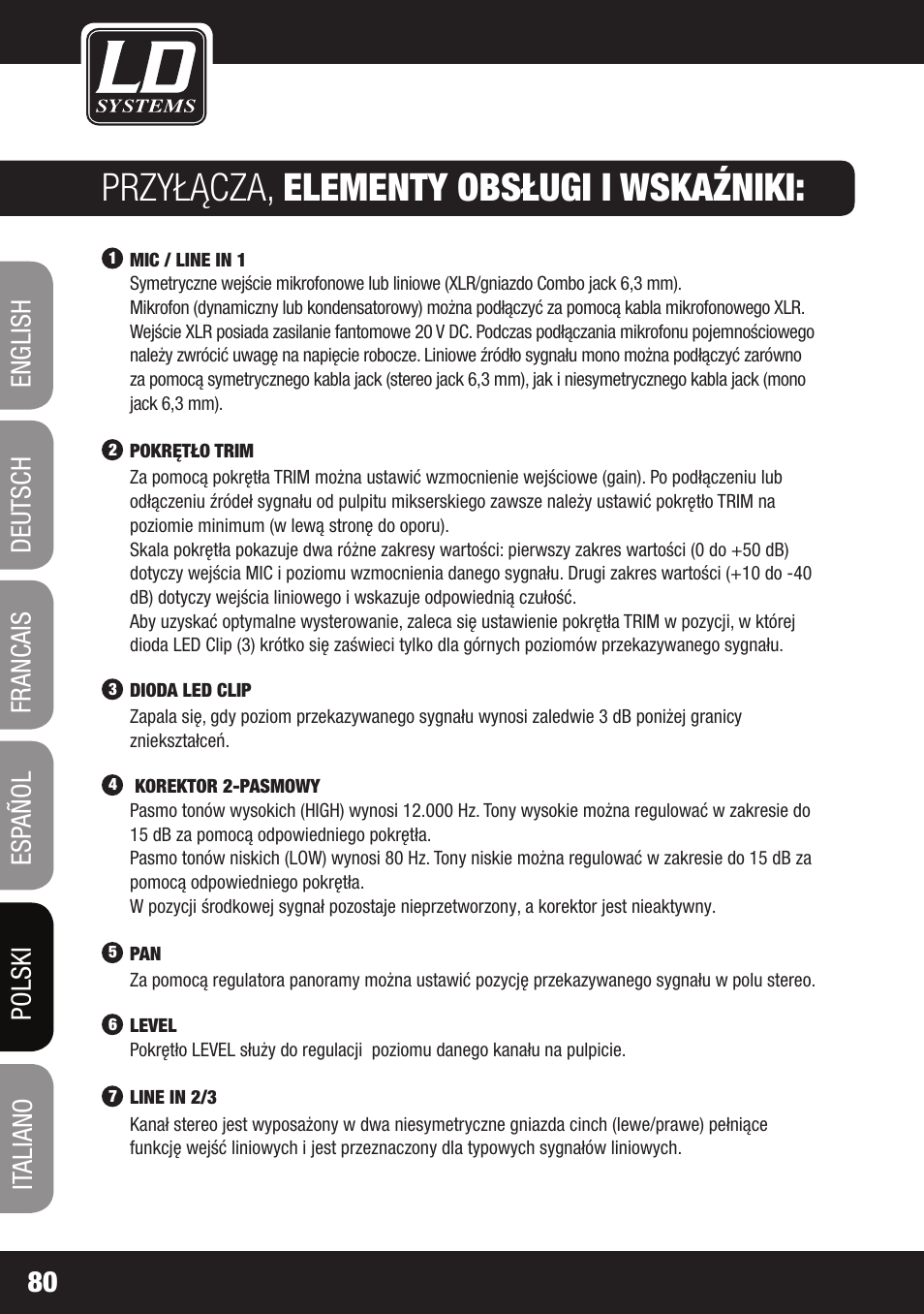 Przyłącza, elementy obsługi i wskaźniki | LD Systems LAX 3 USB User Manual | Page 80 / 112