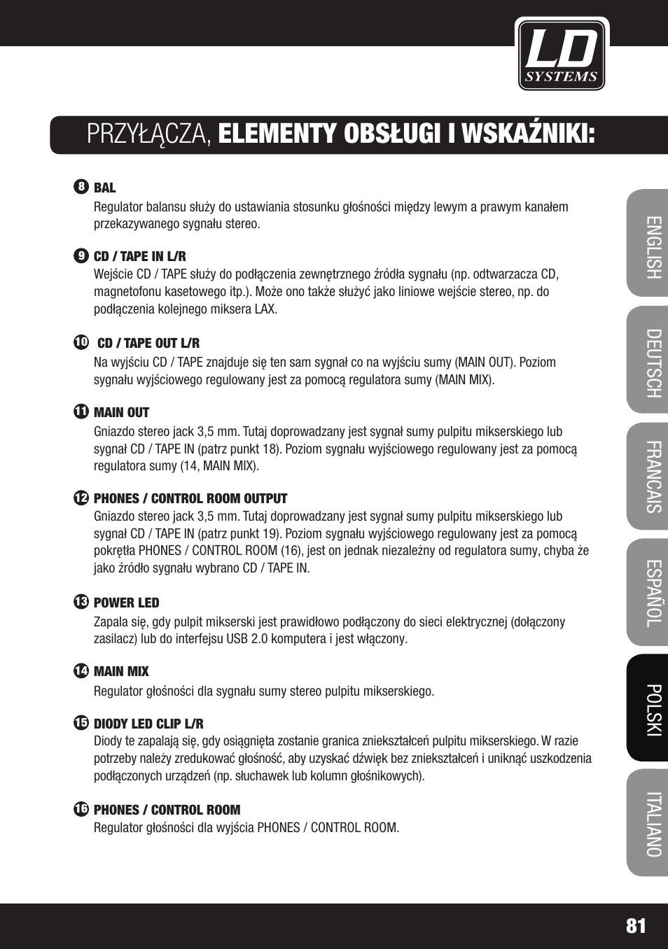 Przyłącza, elementy obsługi i wskaźniki | LD Systems LAX 3 USB User Manual | Page 81 / 112