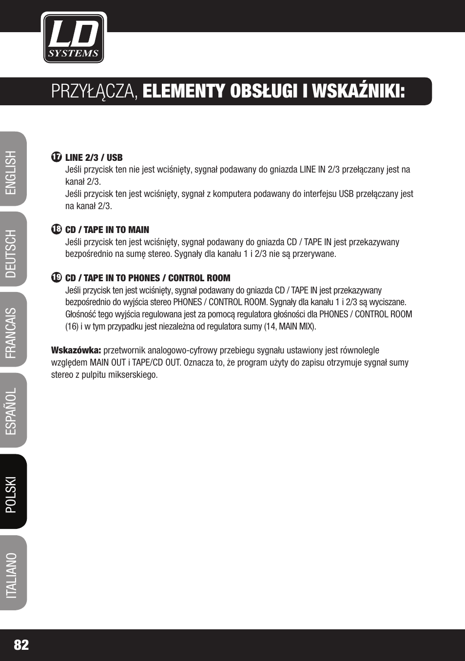 Przyłącza, elementy obsługi i wskaźniki | LD Systems LAX 3 USB User Manual | Page 82 / 112