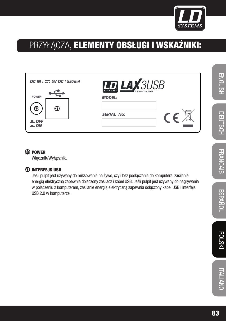 Przyłącza, elementy obsługi i wskaźniki | LD Systems LAX 3 USB User Manual | Page 83 / 112