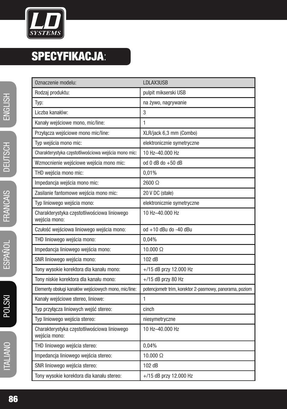 Specyfikacja | LD Systems LAX 3 USB User Manual | Page 86 / 112