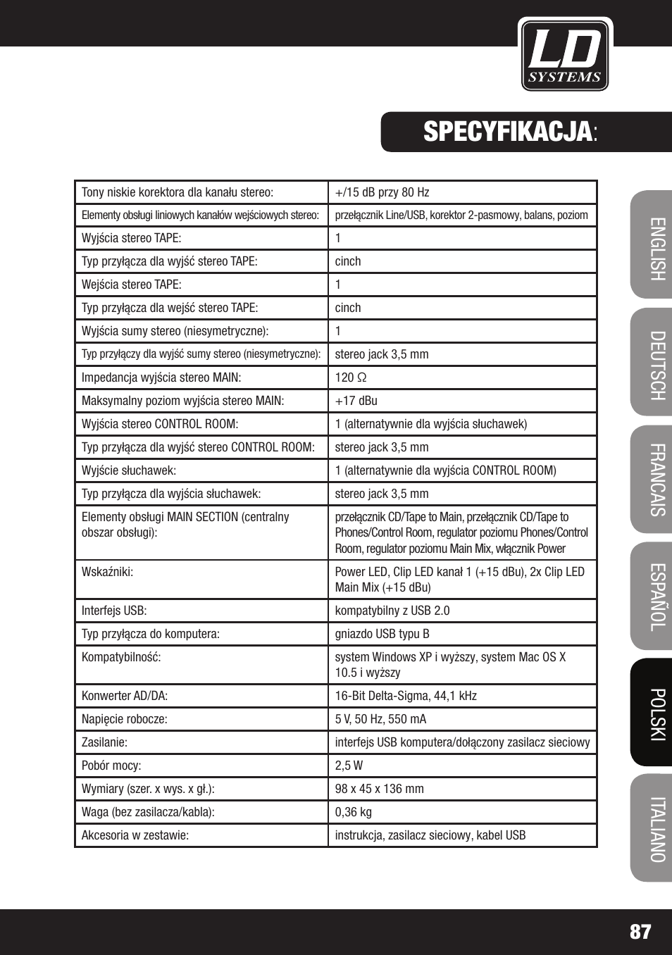 Specyfikacja | LD Systems LAX 3 USB User Manual | Page 87 / 112