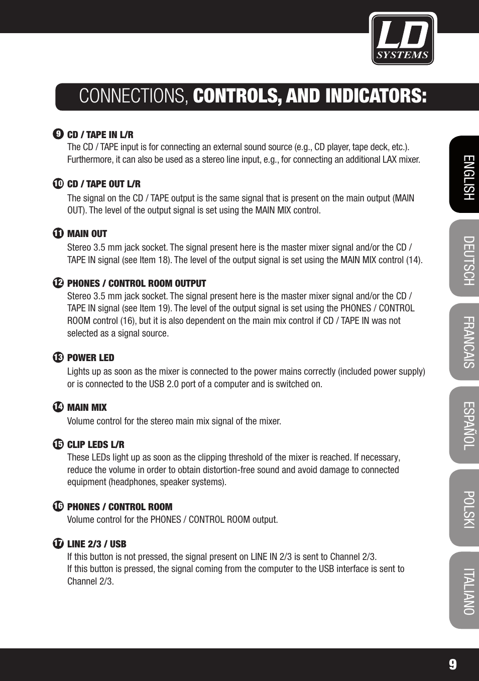 Connections, controls, and indicators | LD Systems LAX 3 USB User Manual | Page 9 / 112