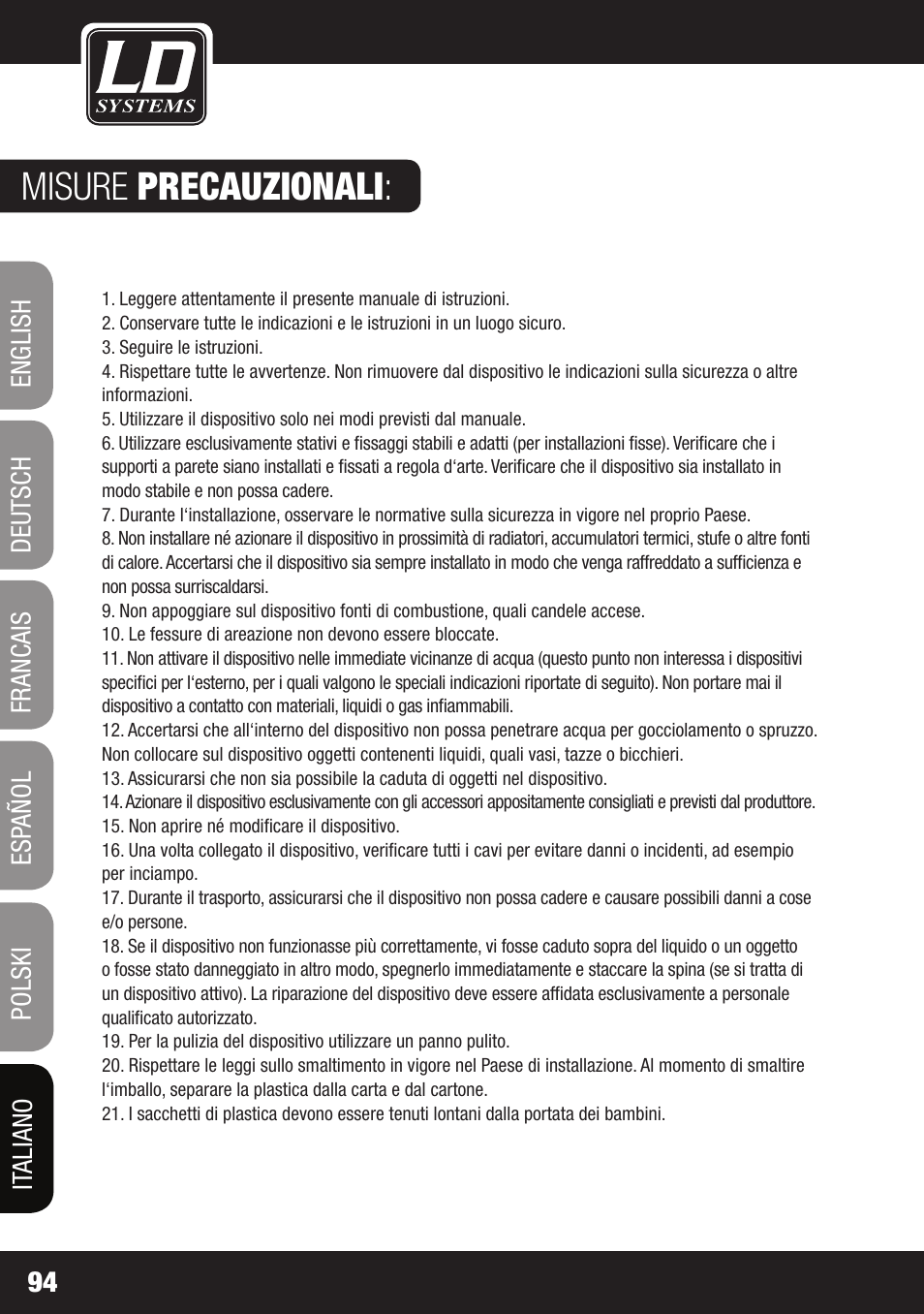 Misure precauzionali | LD Systems LAX 3 USB User Manual | Page 94 / 112