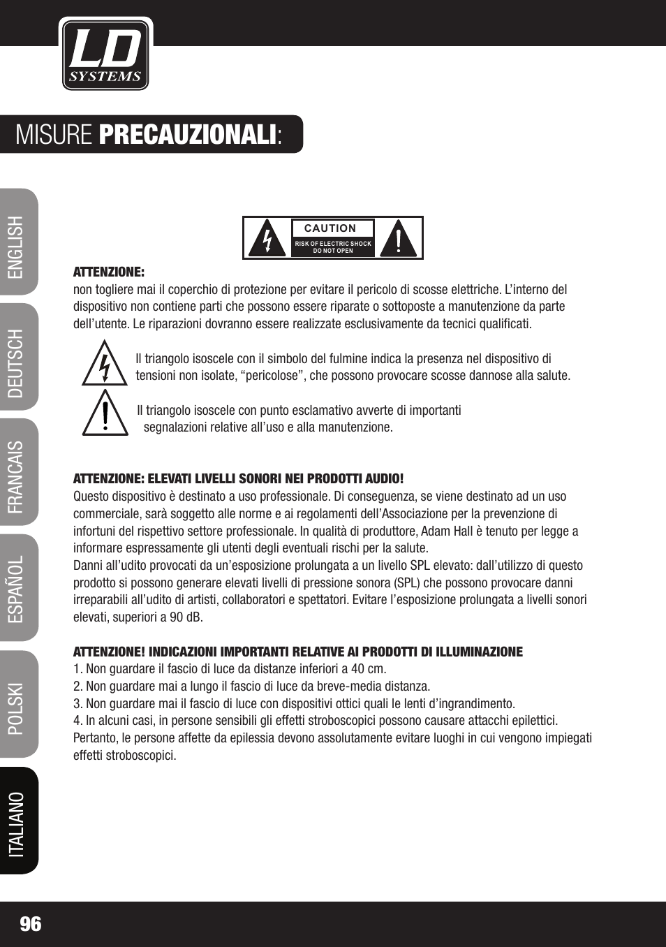 Connessioni, comando e visualizzazione, Misure precauzionali | LD Systems LAX 3 USB User Manual | Page 96 / 112