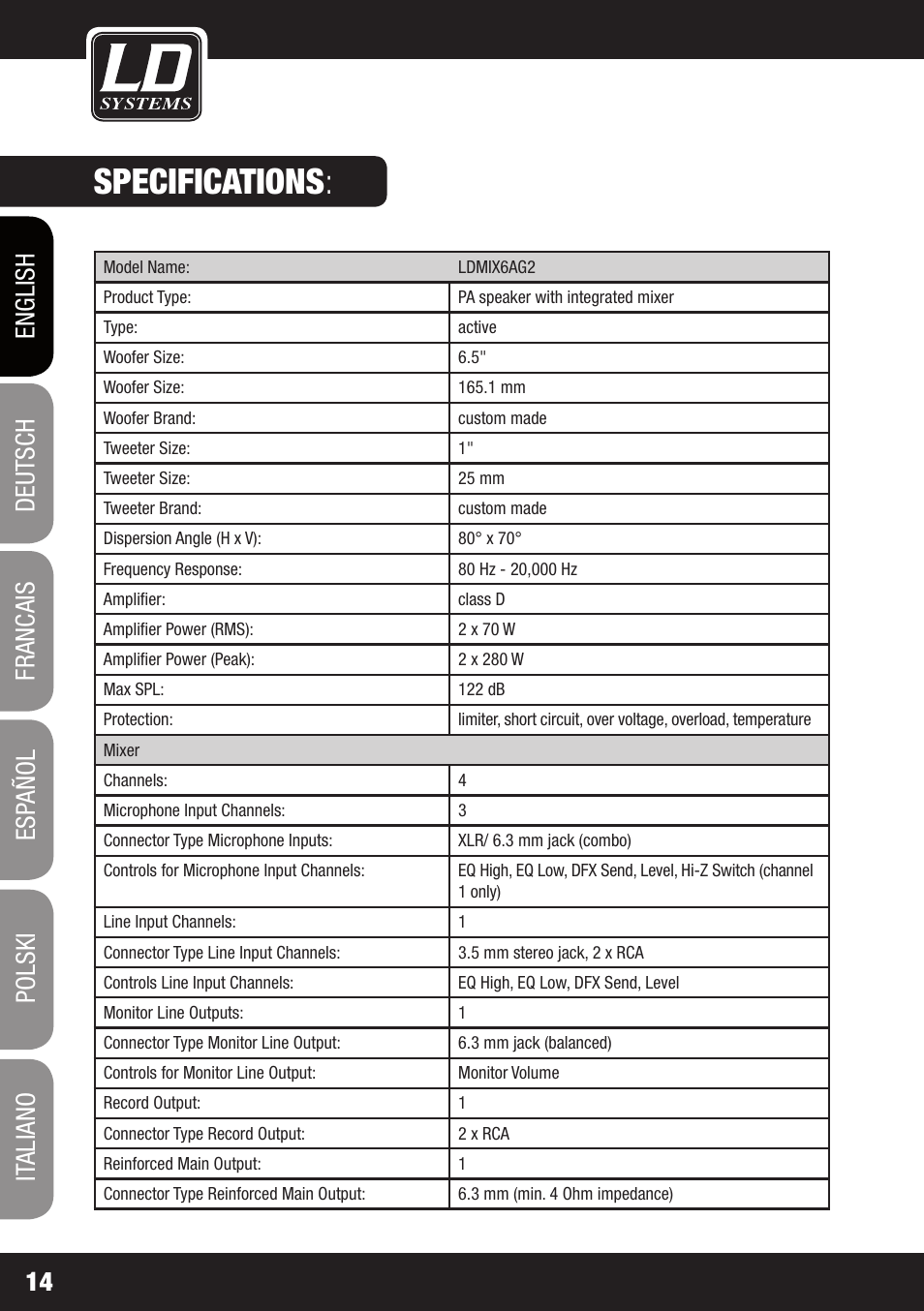 Specifications | LD Systems STINGER MIX 6 A G2 User Manual | Page 14 / 112
