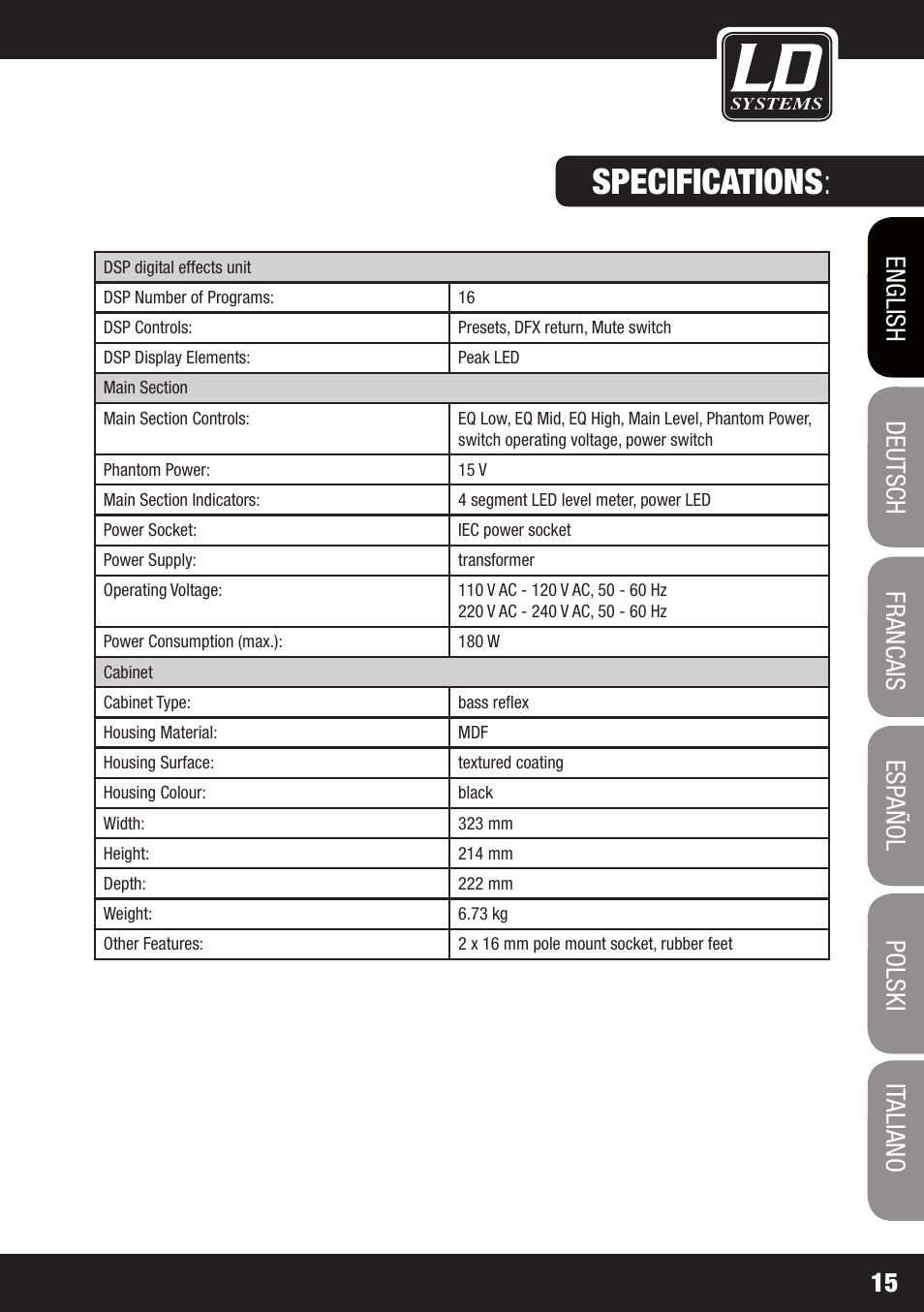 Specifications | LD Systems STINGER MIX 6 A G2 User Manual | Page 15 / 112