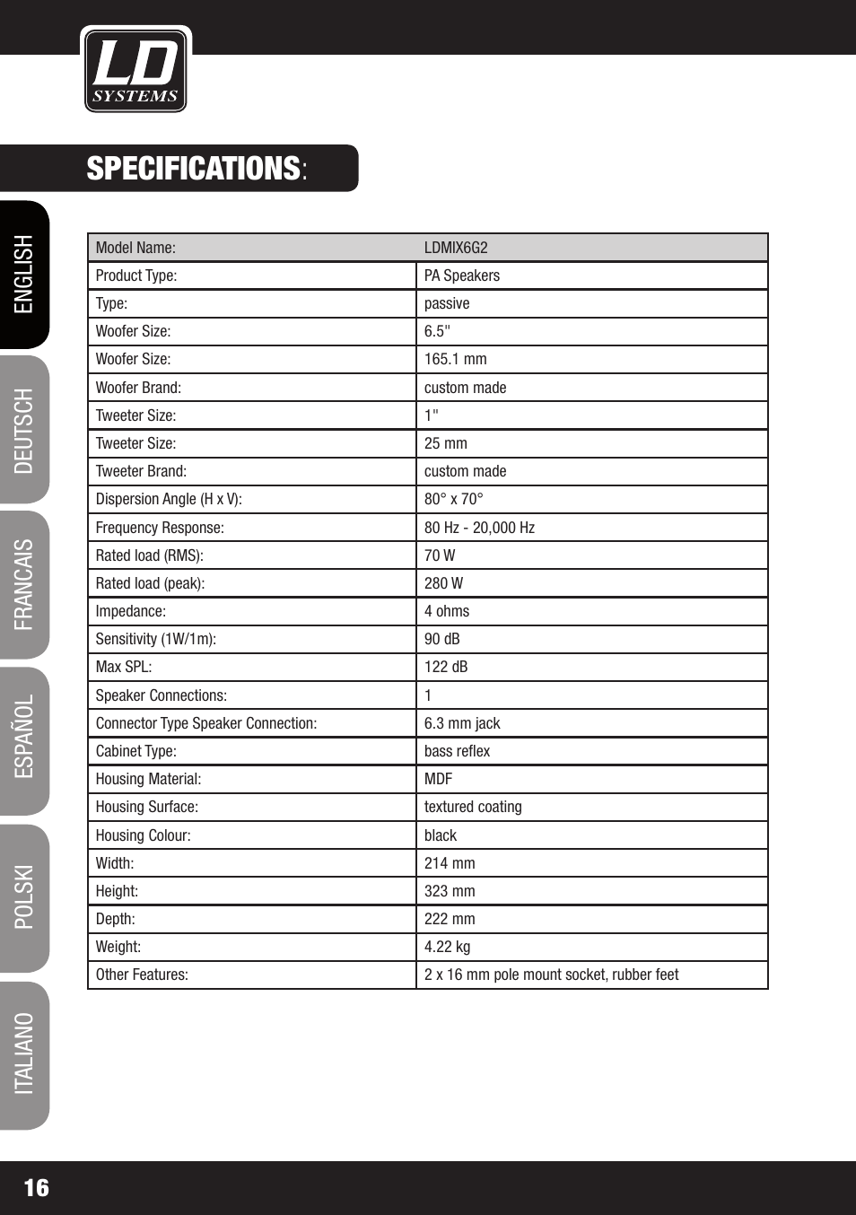 Specifications | LD Systems STINGER MIX 6 A G2 User Manual | Page 16 / 112