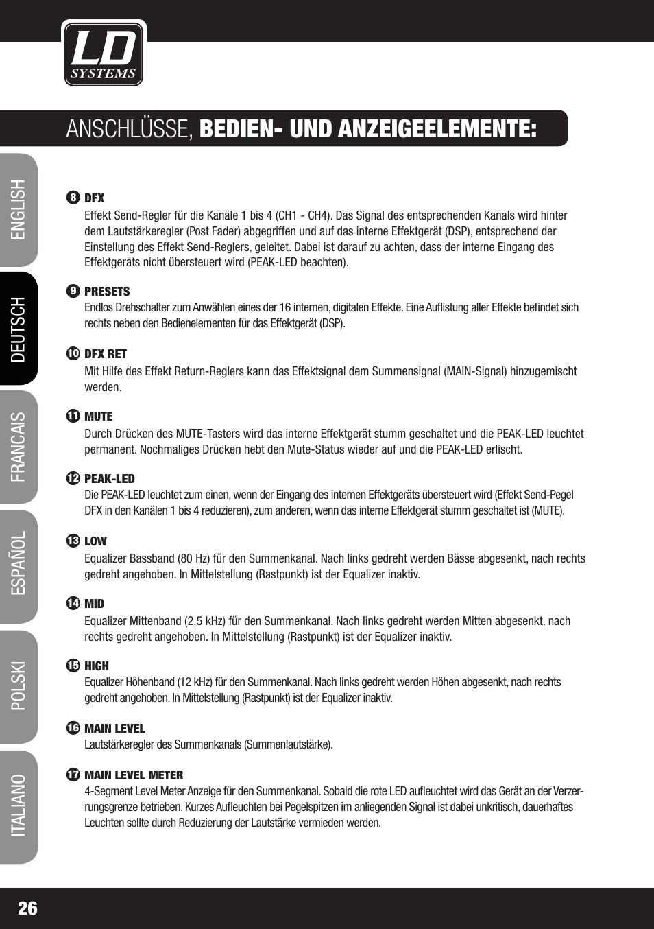 Anschlüsse, bedien- und anzeigeelemente | LD Systems STINGER MIX 6 A G2 User Manual | Page 26 / 112