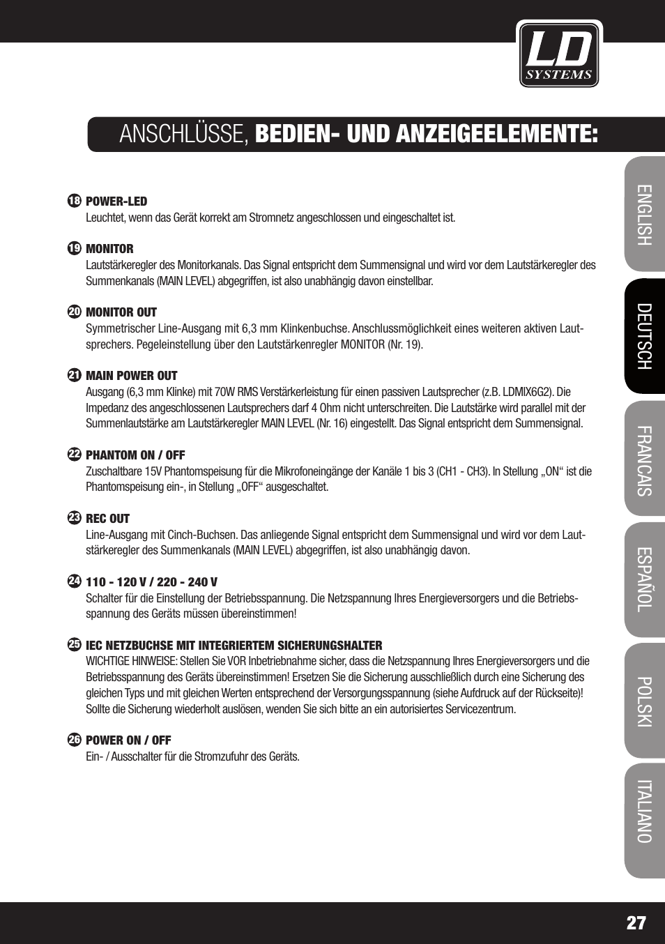 Anschlüsse, bedien- und anzeigeelemente | LD Systems STINGER MIX 6 A G2 User Manual | Page 27 / 112
