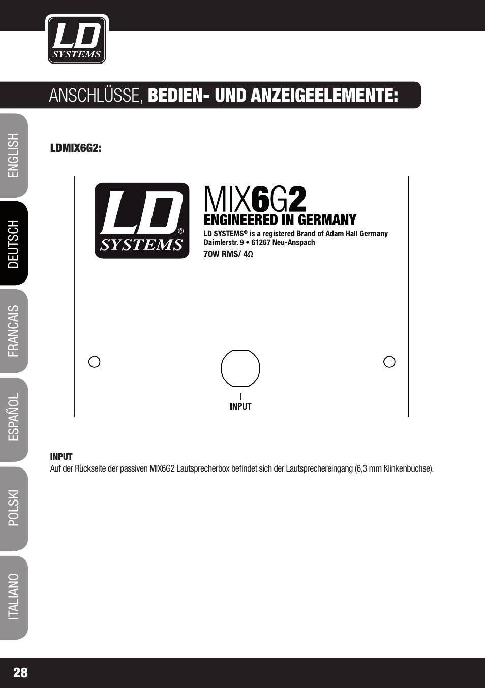 Anschlüsse, bedien- und anzeigeelemente | LD Systems STINGER MIX 6 A G2 User Manual | Page 28 / 112