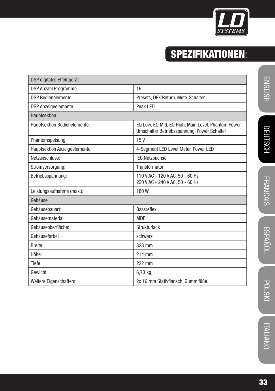 Spezifikationen | LD Systems STINGER MIX 6 A G2 User Manual | Page 33 / 112