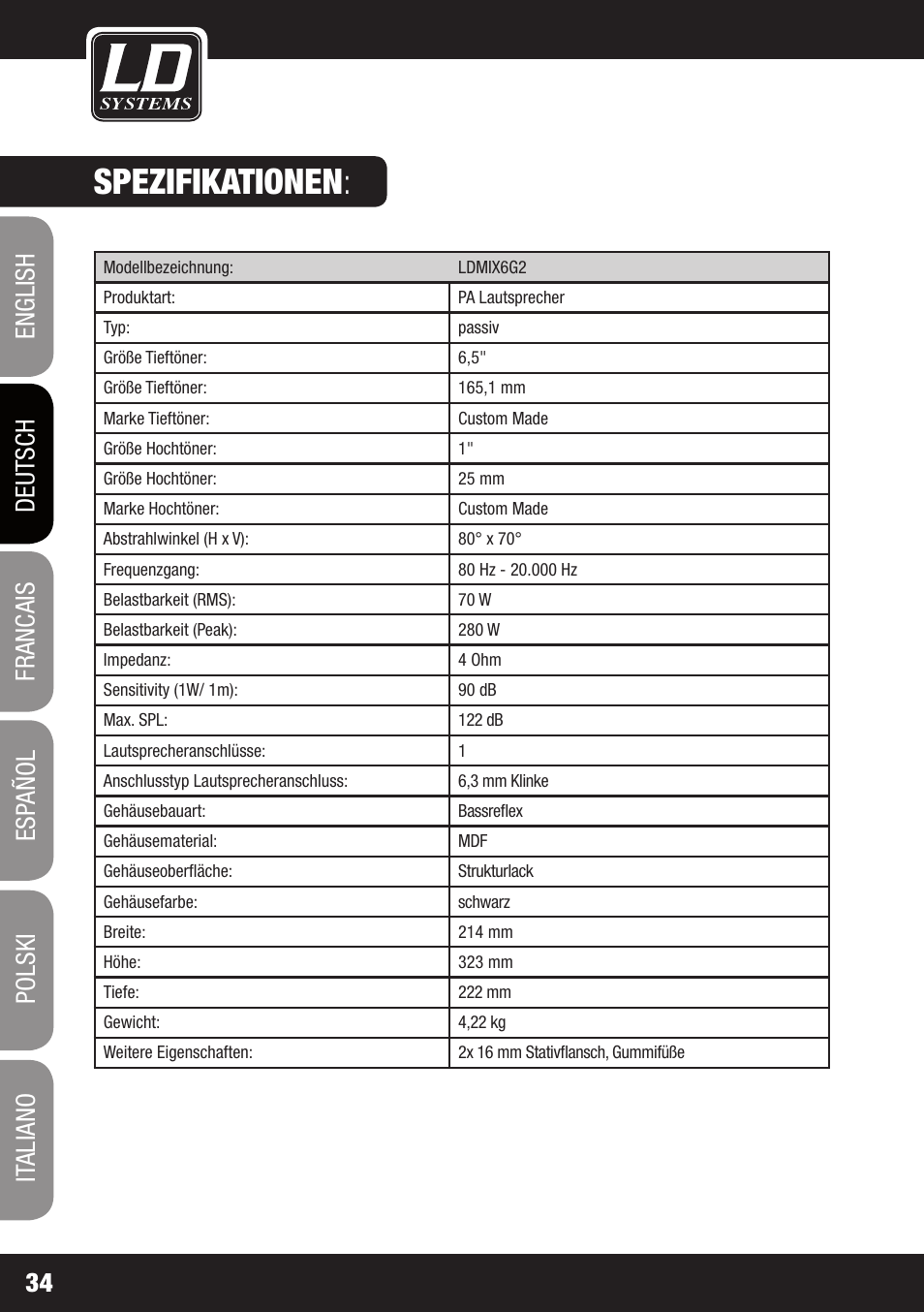 Spezifikationen | LD Systems STINGER MIX 6 A G2 User Manual | Page 34 / 112