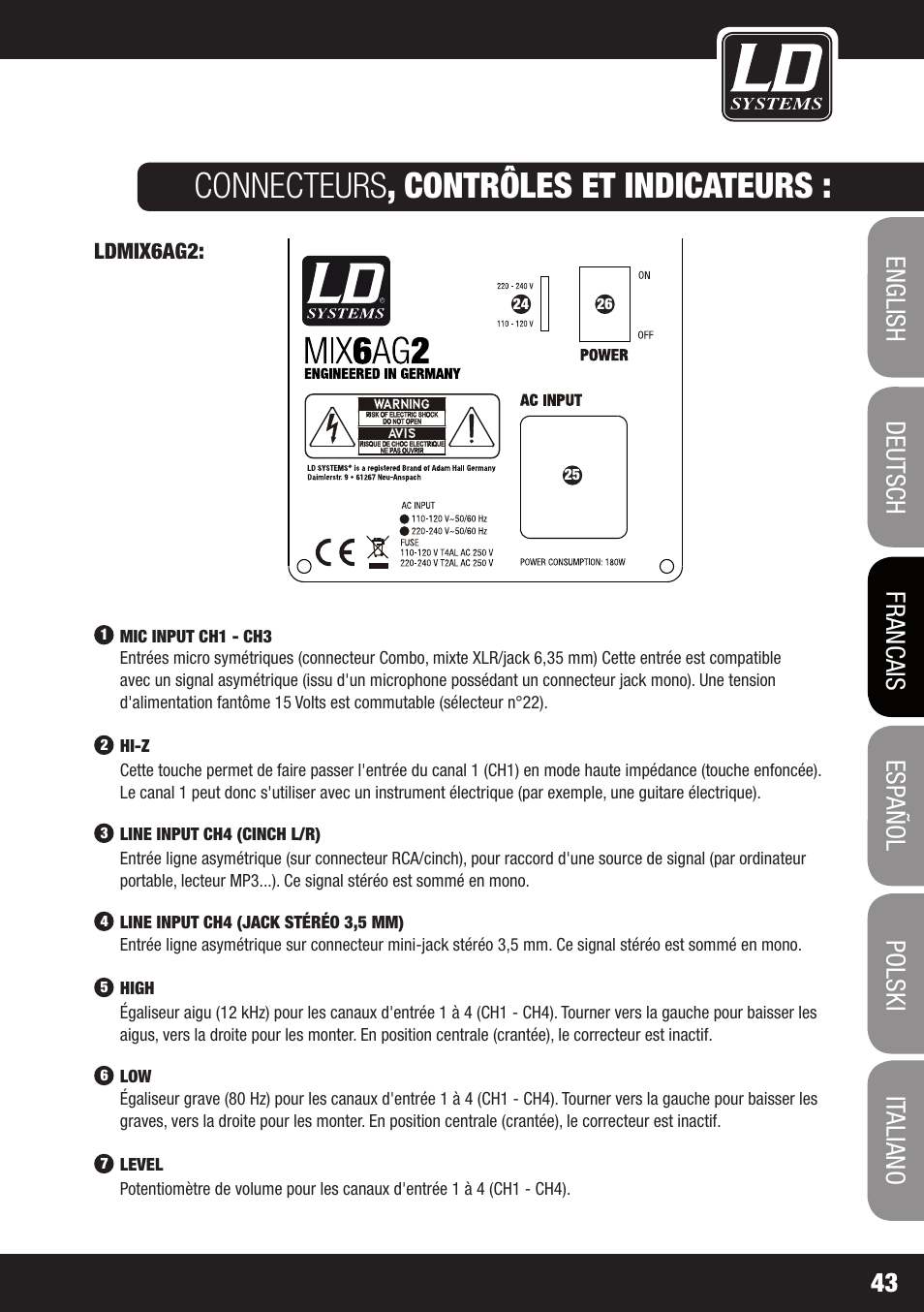 Connecteurs , contrôles et indicateurs | LD Systems STINGER MIX 6 A G2 User Manual | Page 43 / 112