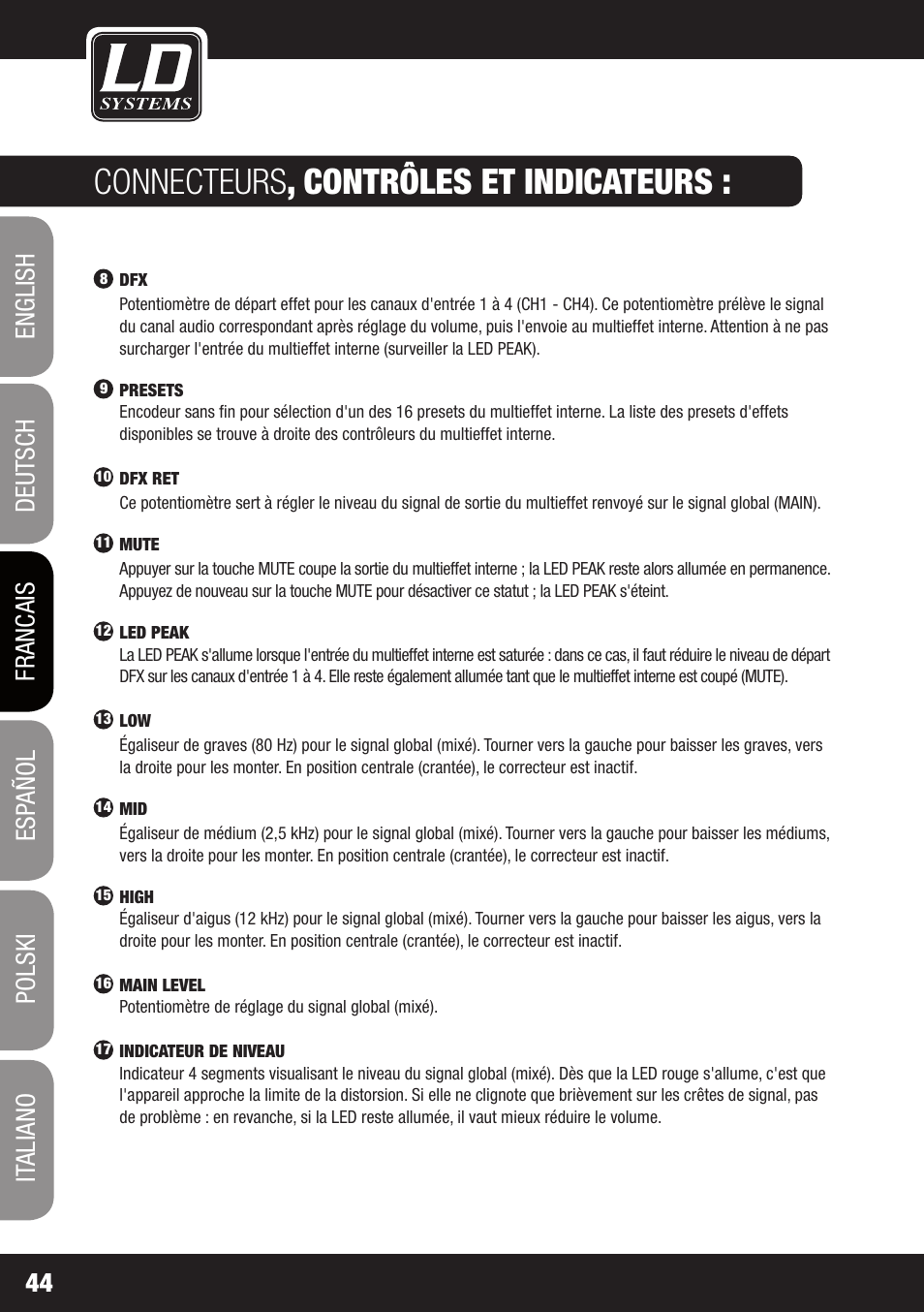 Connecteurs , contrôles et indicateurs | LD Systems STINGER MIX 6 A G2 User Manual | Page 44 / 112