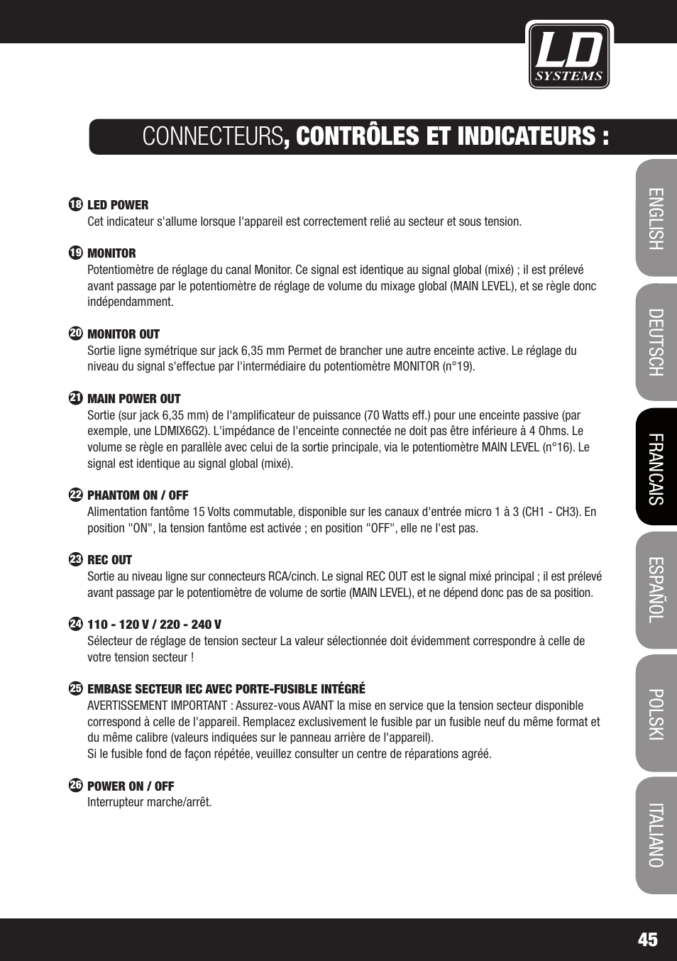 Connecteurs , contrôles et indicateurs | LD Systems STINGER MIX 6 A G2 User Manual | Page 45 / 112