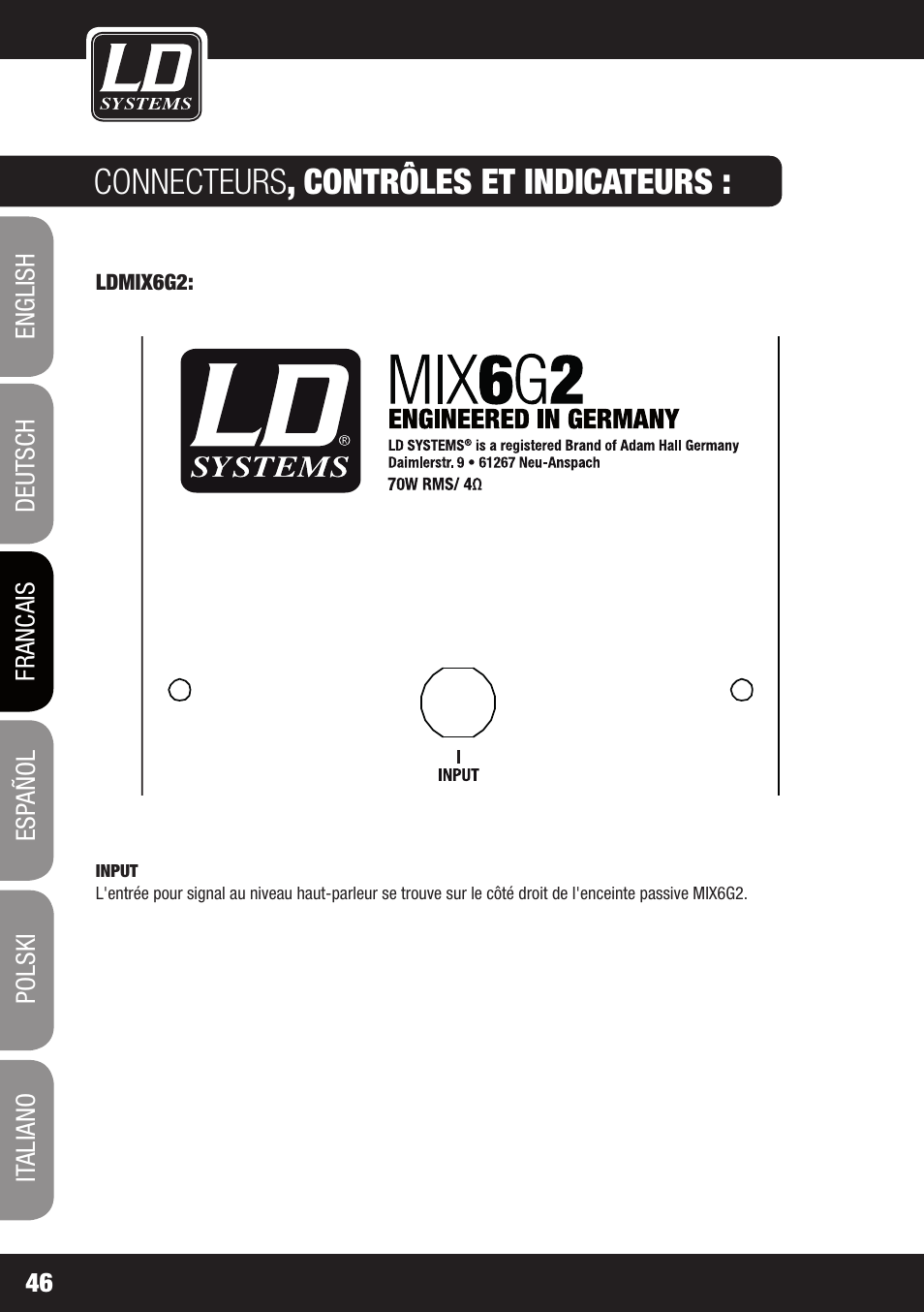 Connecteurs , contrôles et indicateurs | LD Systems STINGER MIX 6 A G2 User Manual | Page 46 / 112