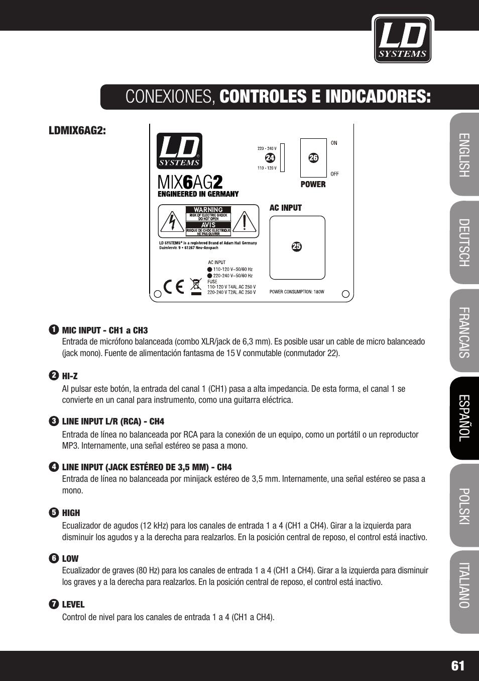 Conexiones, controles e indicadores | LD Systems STINGER MIX 6 A G2 User Manual | Page 61 / 112