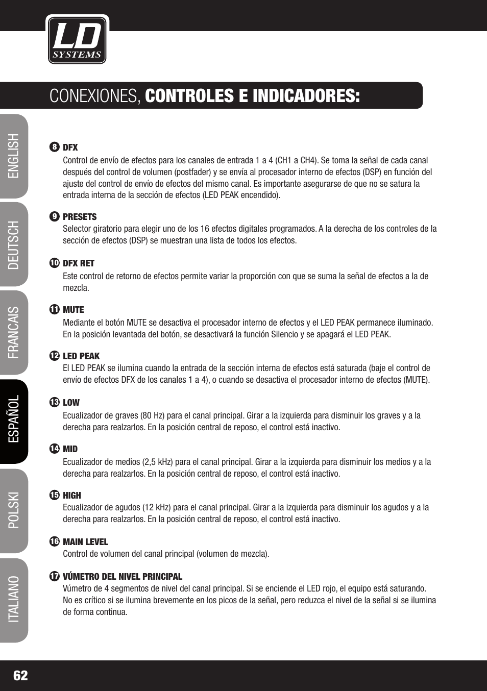 Conexiones, controles e indicadores | LD Systems STINGER MIX 6 A G2 User Manual | Page 62 / 112