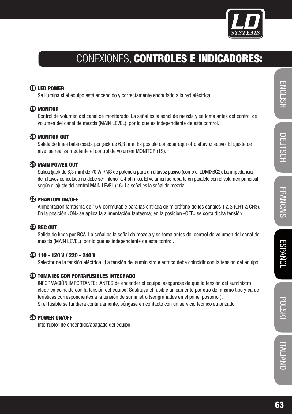 Conexiones, controles e indicadores | LD Systems STINGER MIX 6 A G2 User Manual | Page 63 / 112