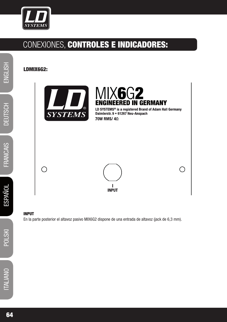 Conexiones, controles e indicadores | LD Systems STINGER MIX 6 A G2 User Manual | Page 64 / 112