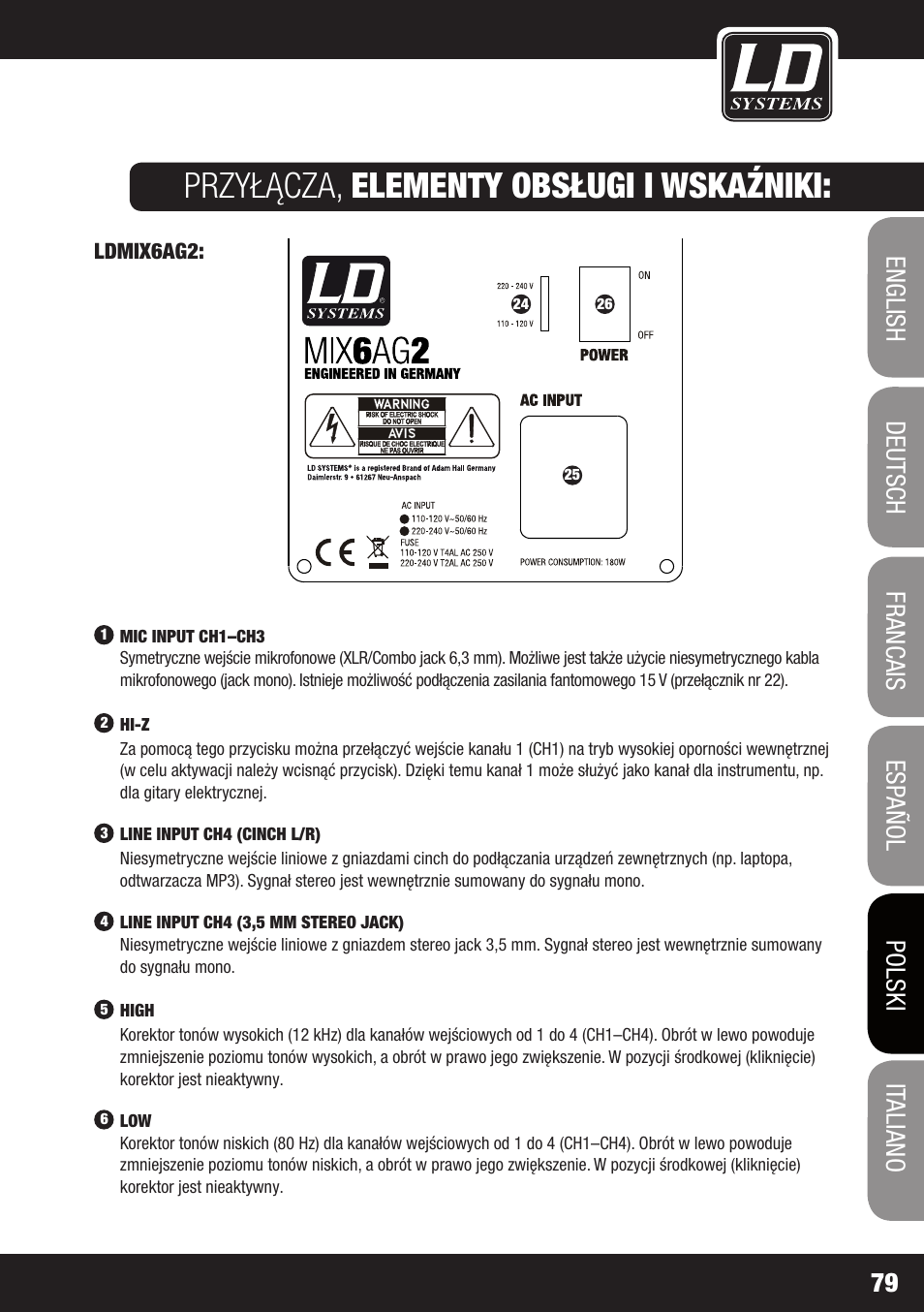 Przyłącza, elementy obsługi i wskaźniki | LD Systems STINGER MIX 6 A G2 User Manual | Page 79 / 112