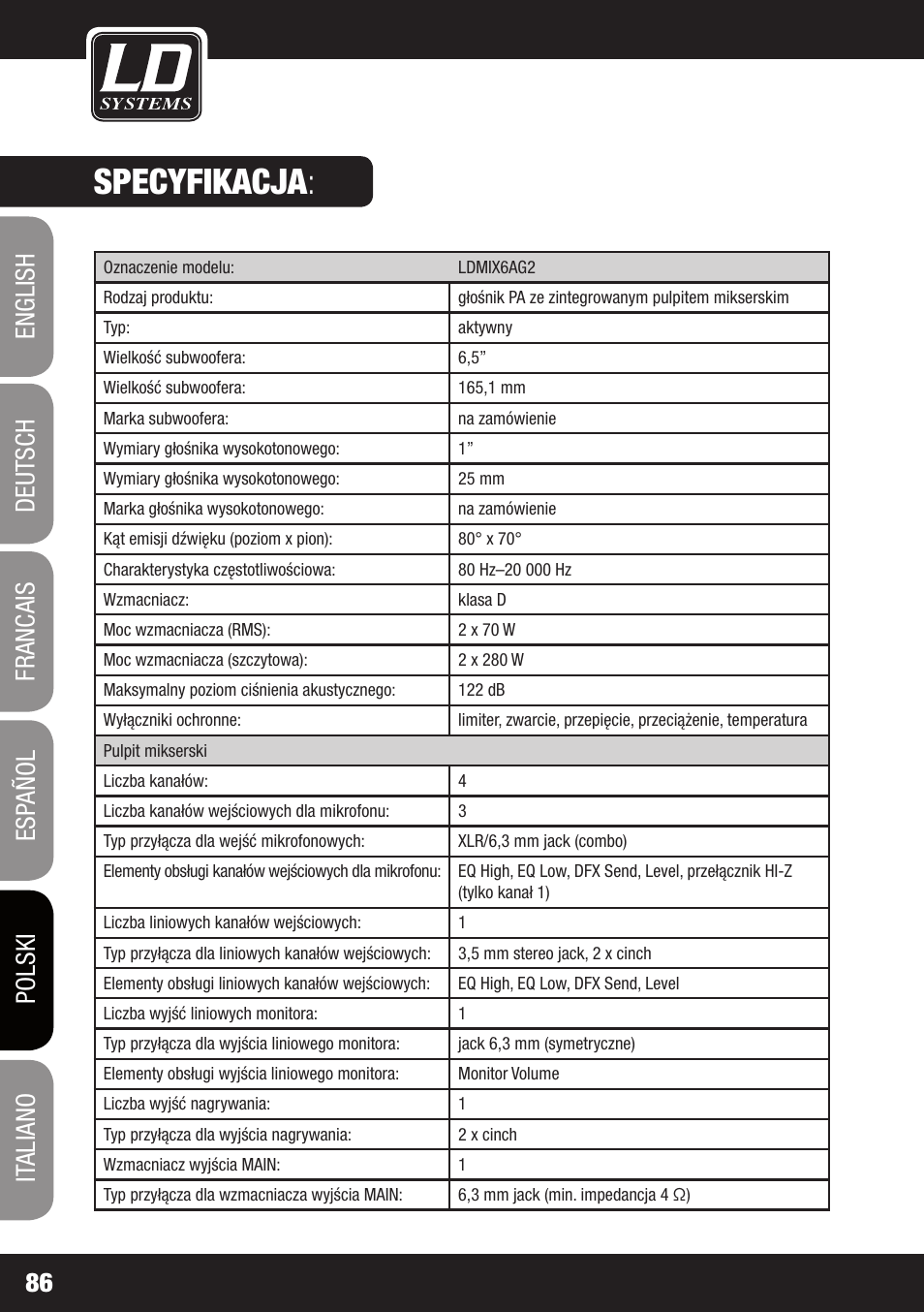 Specyfikacja | LD Systems STINGER MIX 6 A G2 User Manual | Page 86 / 112