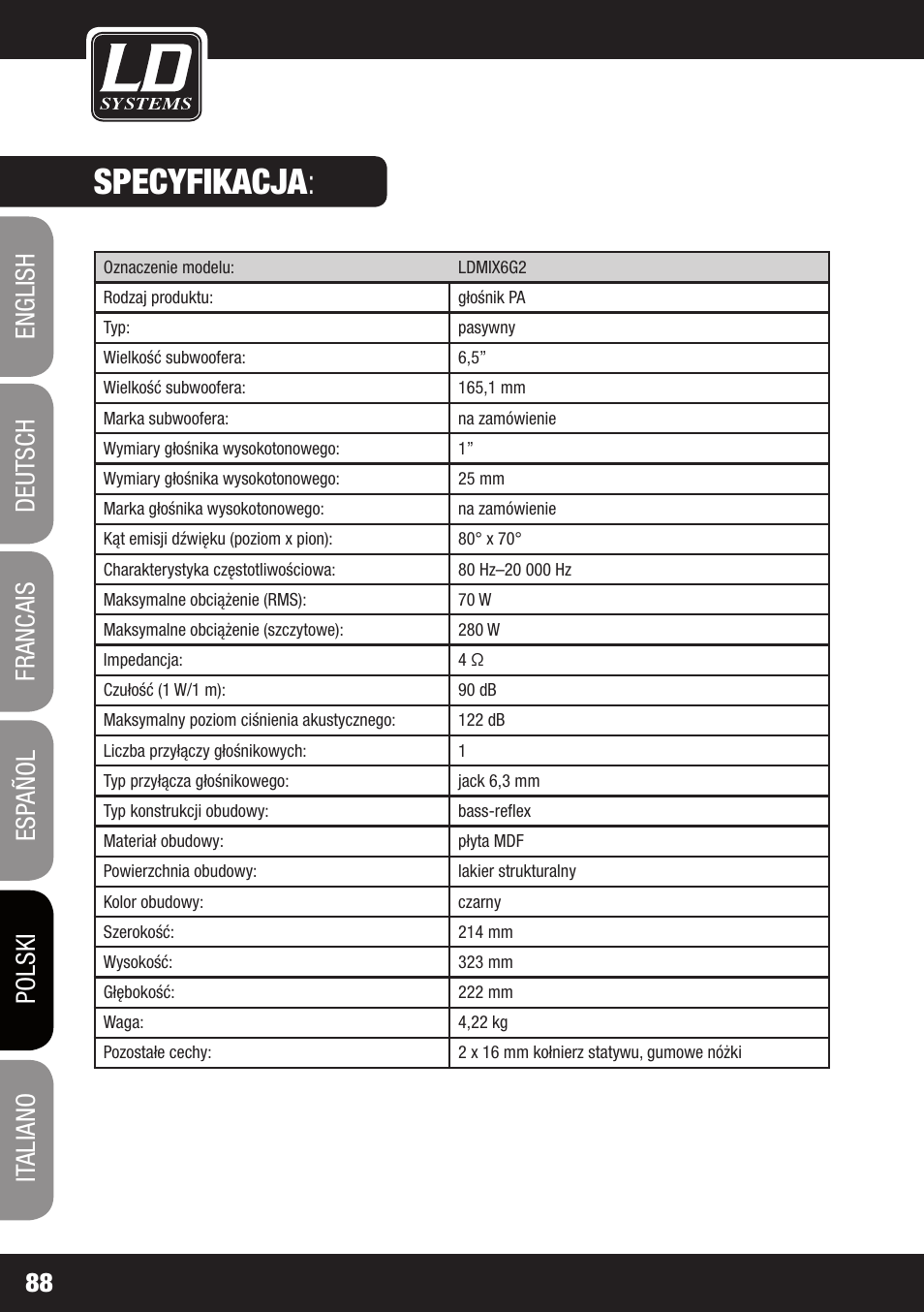 Specyfikacja | LD Systems STINGER MIX 6 A G2 User Manual | Page 88 / 112