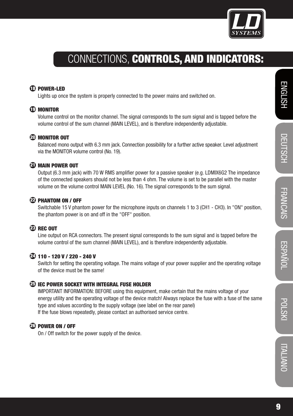 Connections, controls, and indicators | LD Systems STINGER MIX 6 A G2 User Manual | Page 9 / 112