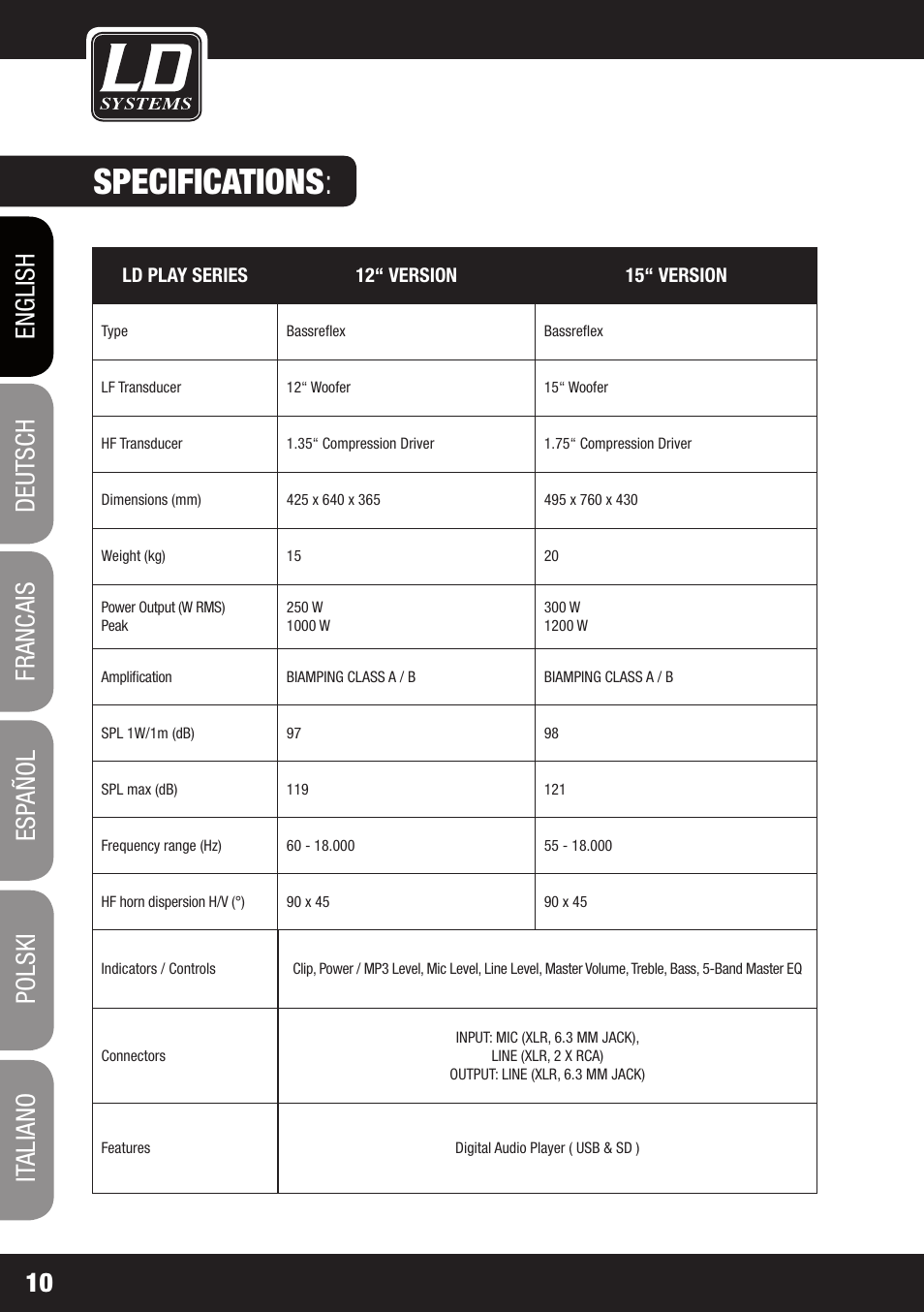 Specifications | LD Systems PLAY 12 A User Manual | Page 10 / 74