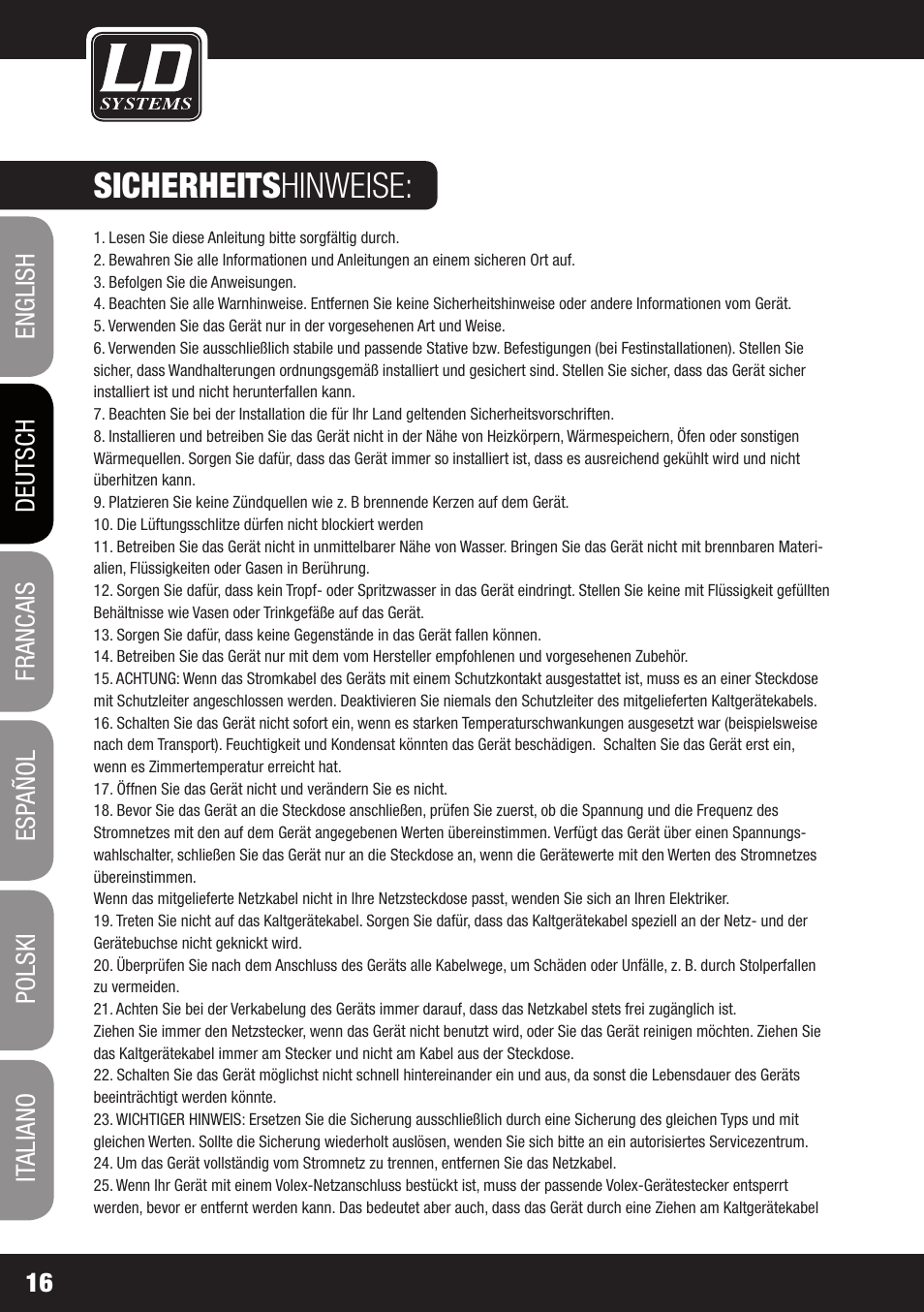 Sicherheits hinweise | LD Systems PLAY 12 A User Manual | Page 16 / 74