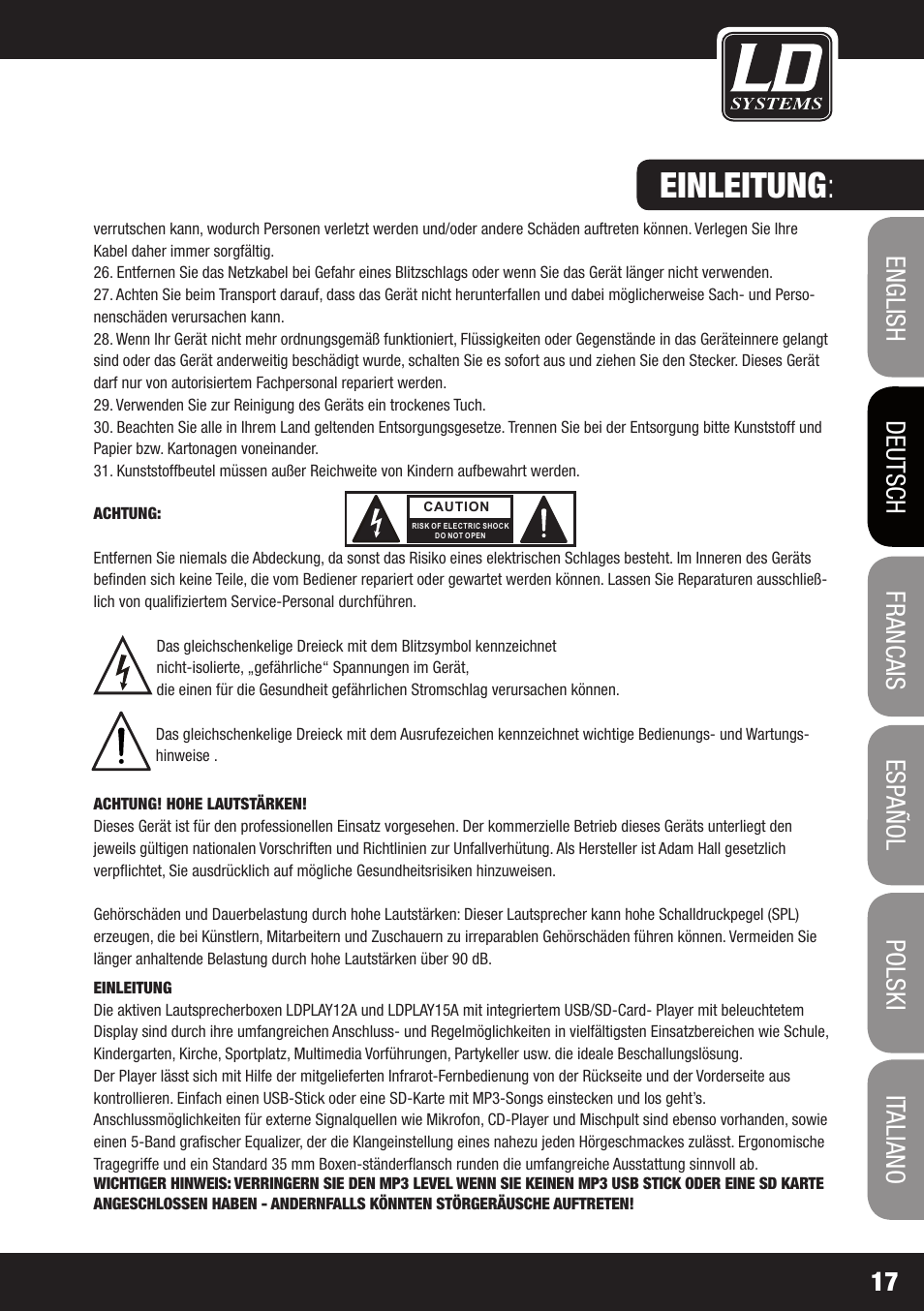 Einleitung | LD Systems PLAY 12 A User Manual | Page 17 / 74