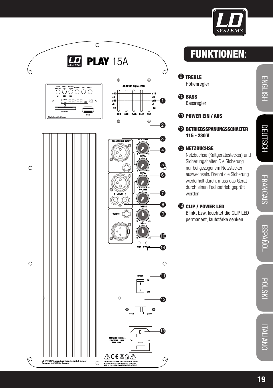 Funktionen, Treble höhenregler, Bass bassregler | Power ein / aus | LD Systems PLAY 12 A User Manual | Page 19 / 74