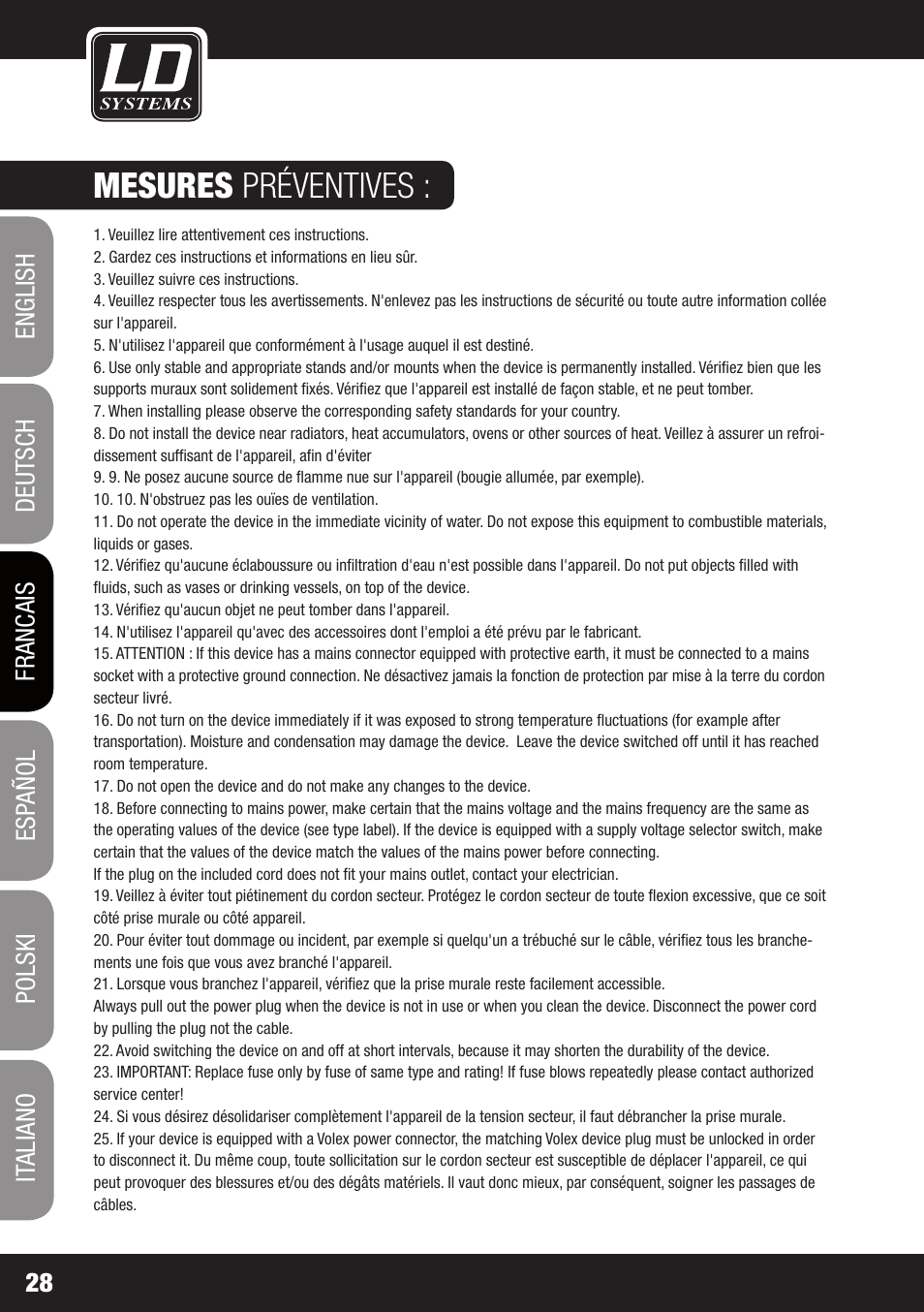 Mesures préventives | LD Systems PLAY 12 A User Manual | Page 28 / 74