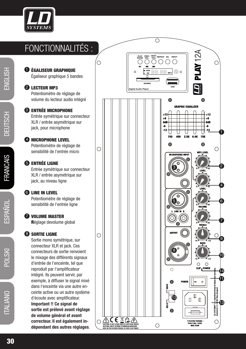 Fonctionnalités, Égaliseur graphique égaliseur graphique 5 bandes, Volume master r églage devolume global | LD Systems PLAY 12 A User Manual | Page 30 / 74