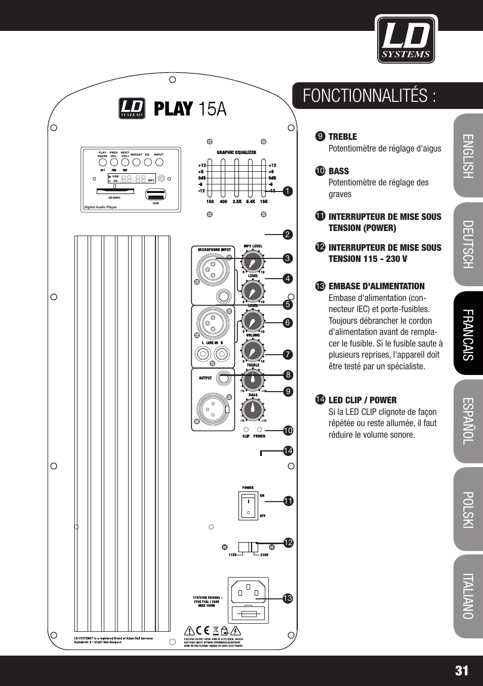 Fonctionnalités, Treble potentiomètre de réglage d'aigus, Bass potentiomètre de réglage des graves | Interrupteur de mise sous tension (power) | LD Systems PLAY 12 A User Manual | Page 31 / 74