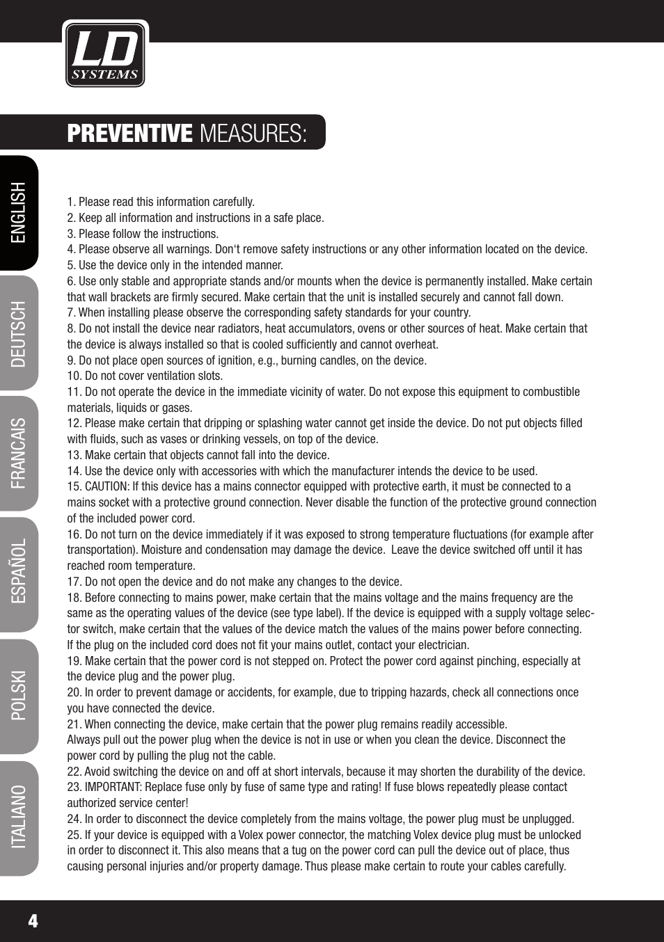 Preventive measures | LD Systems PLAY 12 A User Manual | Page 4 / 74