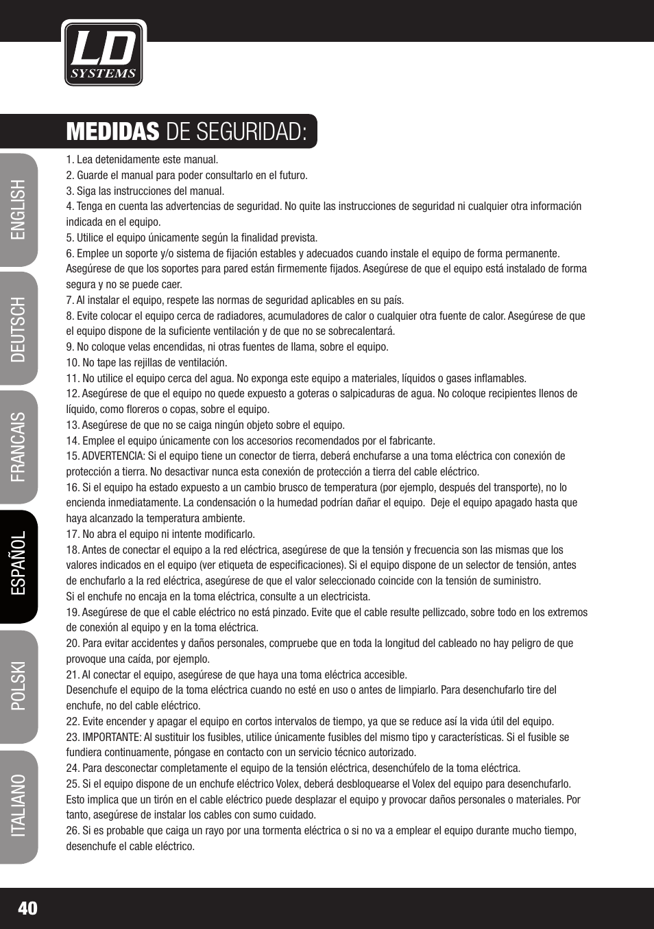 Medidas de seguridad | LD Systems PLAY 12 A User Manual | Page 40 / 74