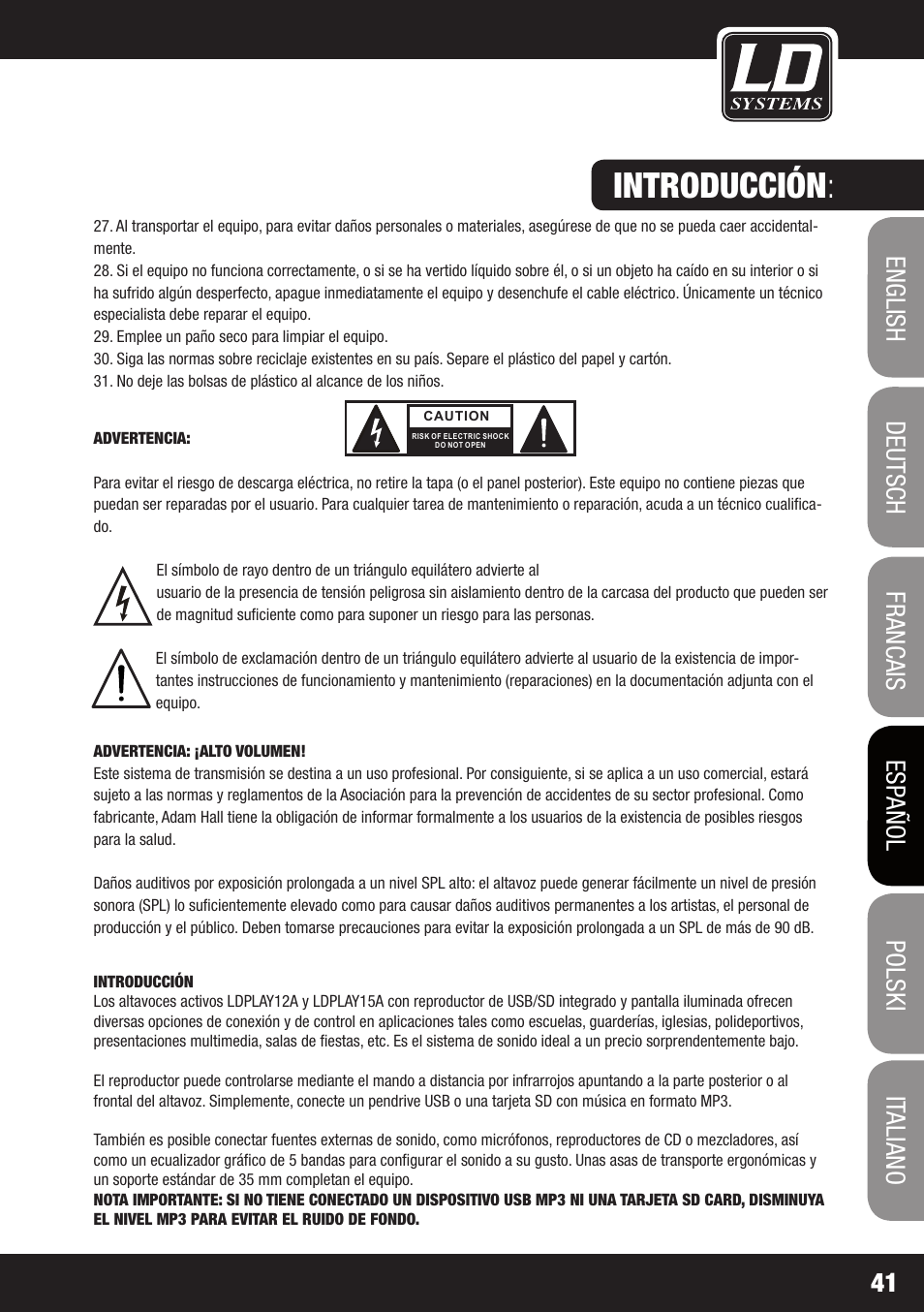 Introducción | LD Systems PLAY 12 A User Manual | Page 41 / 74